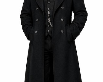 Men's Black Wool Victorian Long Coat: Handmade Vintage Victorian Winter Outerwear