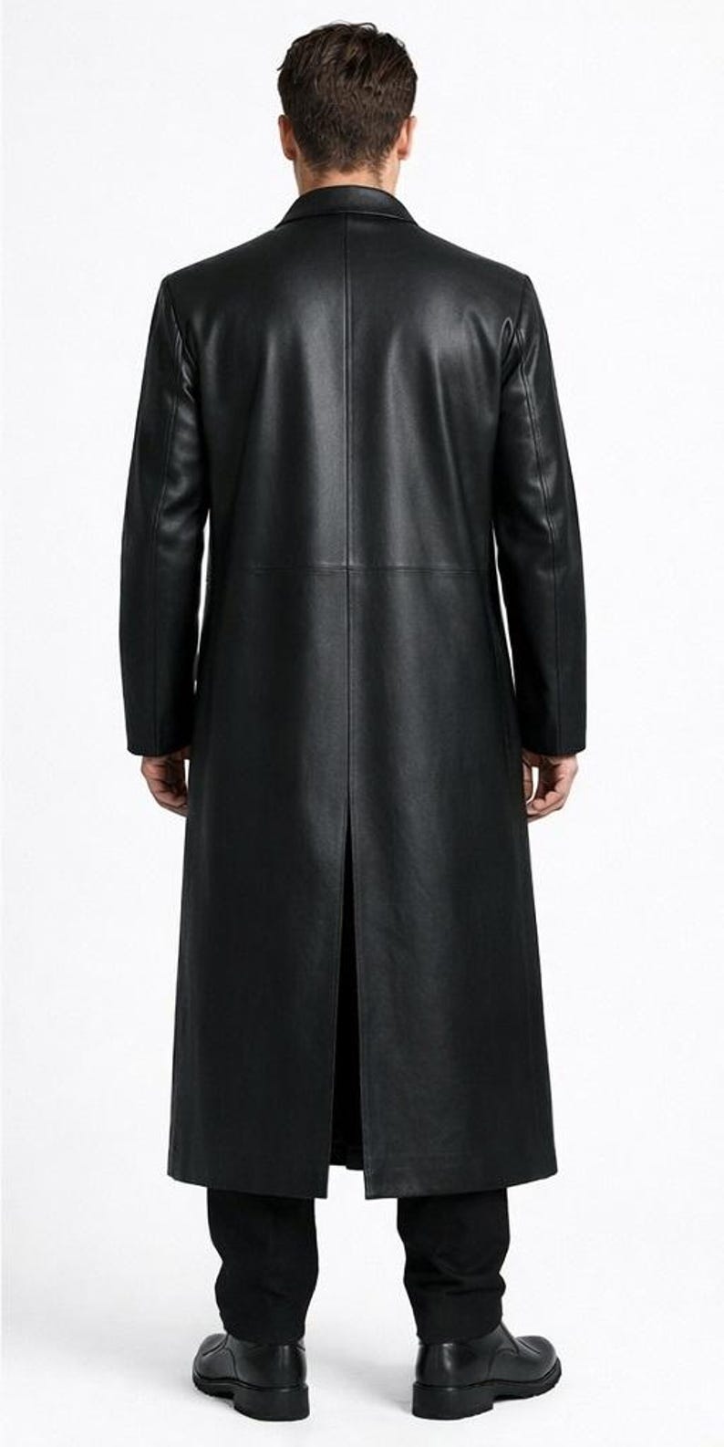 Men's Black Leather Long Coat: Handmade Minimalist Real Leather Overcoat image 2