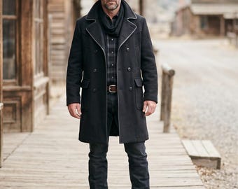 Men's Black Wool Western Overcoat: Handmade Classic Western Coat