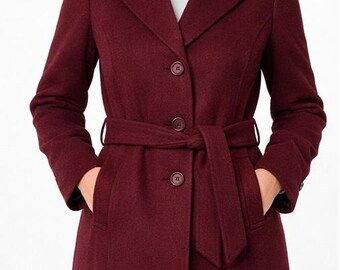 Women's Burgundy Wool Overcoat: Handmade Classic Trench Coat