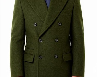 Men's Green Wool Overcoat: Handmade Winter wool Double breasted Long Coat
