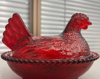 Ruby Red Glass Hen on Nest Dish, Vintage Farmhouse Storage, 2 Sizes