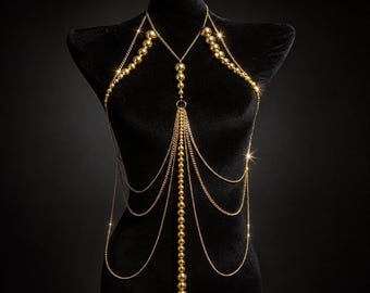 Pearl Body Chain Jewelry, Gold Torso Harness for Festival, Rave and Bridal Boudoir Looks