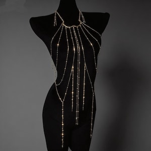 Gold Body Chain Harness, Layered Tassel Chest Jewelry, Adjustable Bikini Waist Chain for Rave Festival Outfit