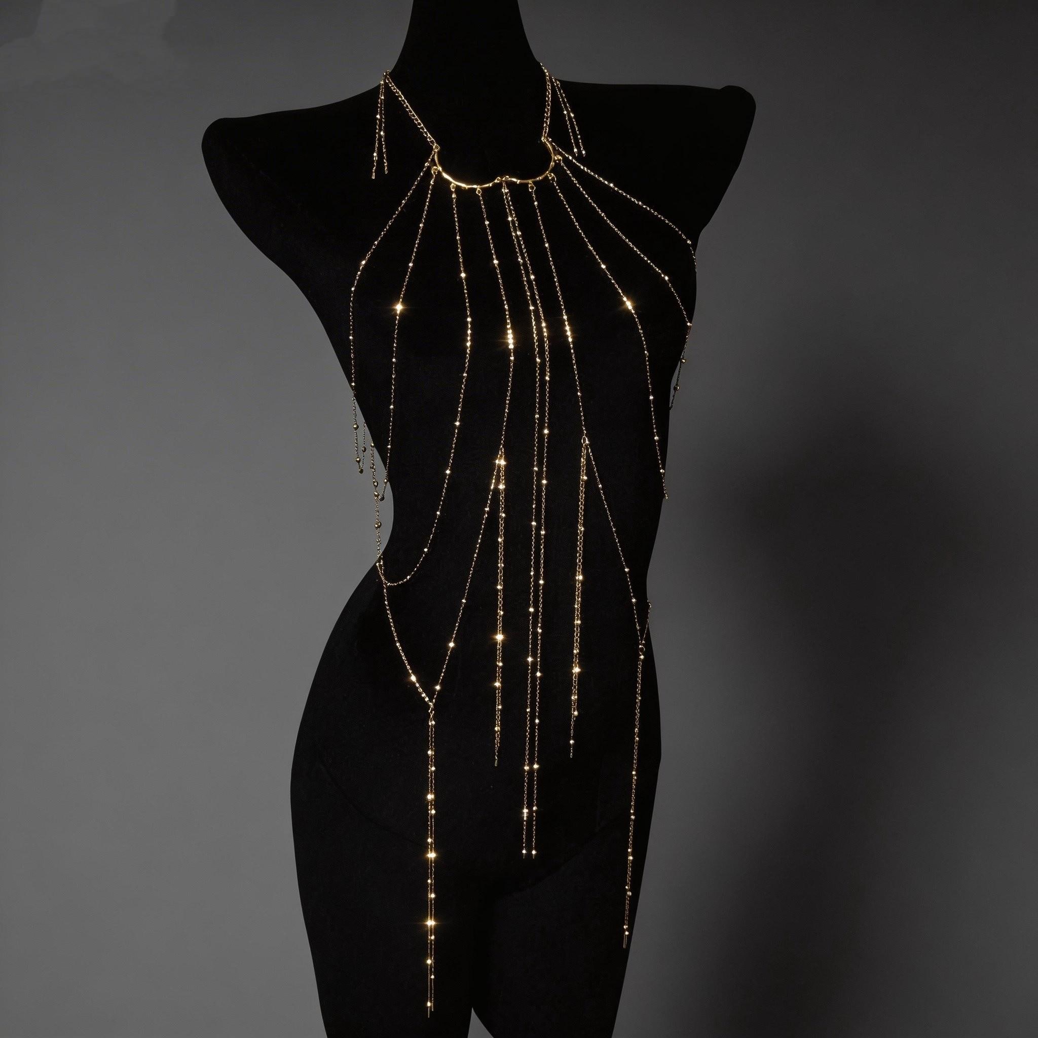 Gold Body Chain Harness, Layered Tassel Chest Jewelry, Adjustable Bikini Waist Chain for Rave Festival Outfit