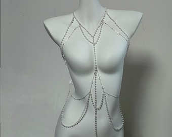 Cadena corporal blanca con perlas de imitación, arnés plateado para la cintura, cadena para el vientre estilo bikini nupcial, regalo para festivales para ella.