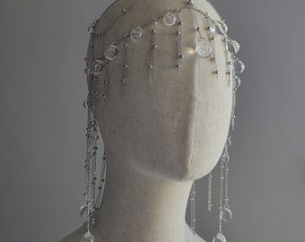Chaîne de tête argentée en forme de larme, bijou de cheveux de mariée, coiffe drapée pour mariage, accessoire de cheveux éthéré pour les fêtes