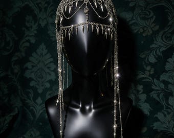 Silberfarbener Ring-Mesh-Kopfschmuck, gotische Fransen mit Stacheln, drapierte Ketten