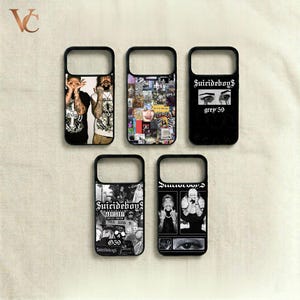May include: Five black phone cases with various designs. The cases feature images of people, collages, and text, including "Suicideboys" and "grey 59." The cases are arranged on a light-colored surface.