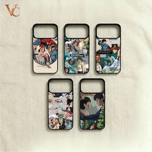 May include: Five black phone cases with colorful anime-style artwork. The cases feature various designs, including characters and scenes from a Japanese animated film. The cases are arranged on a neutral-colored surface.