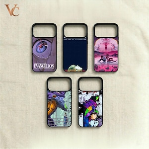 May include: Five black phone cases with anime-style graphics. The cases feature images of an eye, a starry night, a pink landscape with figures, a purple robot, and a collage of characters. The text "EVANGELION" is visible on one case.
