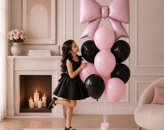 Pink Bow Balloon Bouquet | Pink & Black Balloon Bouquet | Coquette Birthday Balloons | Girl Birthday Party Decor | Bow Theme Balloon Set