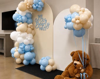 Teddy Bear Baby Shower Decorations, We Can Bearly Wait Backdrop, Boy Baby Shower Balloon Arch, Blue and Beige Baby Shower Decor