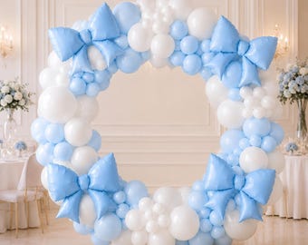 Blue Bow Balloon Garland Kit, Baby Boy Baby Shower Decor, Blue and White Balloon Arch, Gender Reveal Decorations, First Birthday Boy