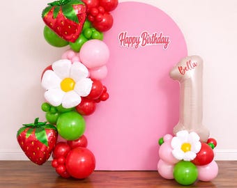 Berry First Birthday Balloon Garland with Number Stand Option, Strawberry Birthday Decor, Custom Name Number Balloon, Sweet One Party