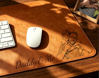Personalized Sketch Art From Dad Photo Desk Mat, Father's Day Gift For Husband, Daddy Custom Photo Line Art Mouse Pad, Dad Birthday Gift