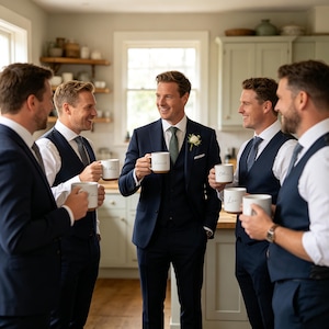 May include: A group of men in navy suits and vests, holding white mugs with names printed on them. The men are in a kitchen setting, smiling and conversing. The mugs have a light brown base.