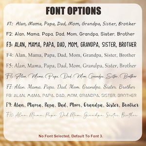 May include: A graphic displaying font options for text customization. The text "FONT OPTIONS" is at the top. Ten font styles are listed, each with a sample phrase including family member names. The default font is font 3.