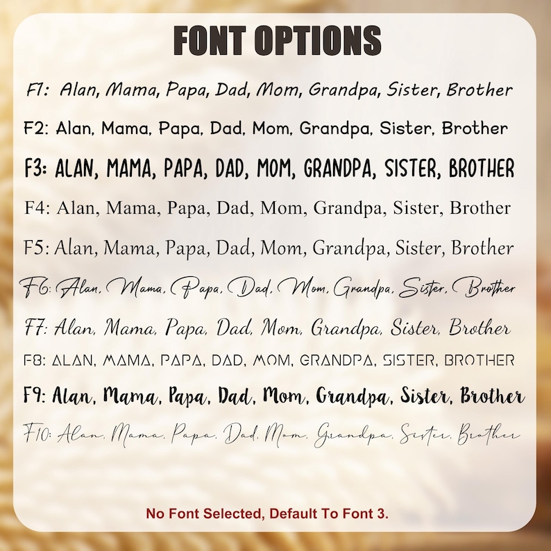 May include: A graphic displaying font options for text customization. The text "FONT OPTIONS" is at the top. Ten font styles are listed, each with a sample phrase including family member names. The default font is font 3.