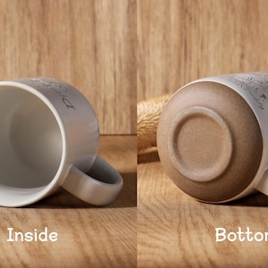 May include: Two white ceramic mugs, one showing the inside and the other the bottom. The inside of the mug is white, and the bottom is a light brown. The mugs are on a wooden surface. The word "Inside" and "Bottom" are written on the surface.