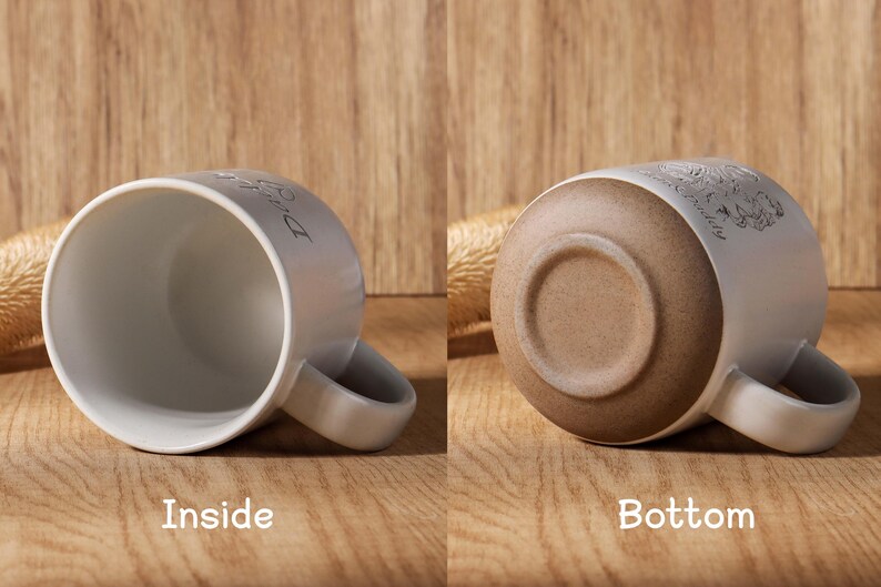 May include: Two white ceramic mugs, one showing the inside and the other the bottom. The inside of the mug is white, and the bottom is a light brown. The mugs are on a wooden surface. The word "Inside" and "Bottom" are written on the surface.