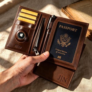 May include: A brown leather passport holder featuring slots for cards, a zippered compartment, a pen loop with a pen, and a dedicated circular cutout for an Apple AirTag. The interior includes an RFID blocking symbol and a United States passport.