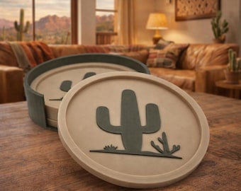 Southwest Cactus Coasters Set – Desert Inspired Drink Coasters with Holder, Modern Western Home Decor