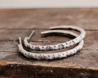 Sterling Silver Hoops, Patterned Hoops, Medium Hoop Earrings, Rustic Hoop Earrings