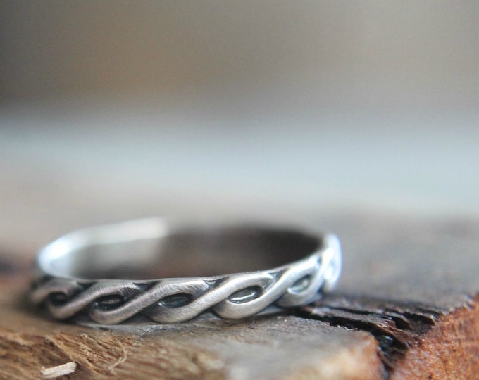 Sterling Silver Waves Ring, Braided Twist Ring, Rustic silver jewelry