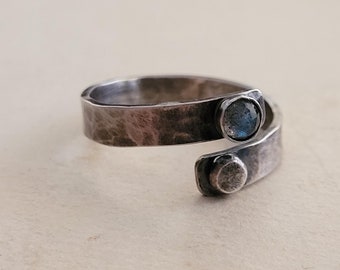 Sterling Silver and Labradorite Wrap Ring, Silver Gemstone Bypass Ring, Gemstone Wrap Ring, Recycled Silver, Bezel Setting, Metalwork