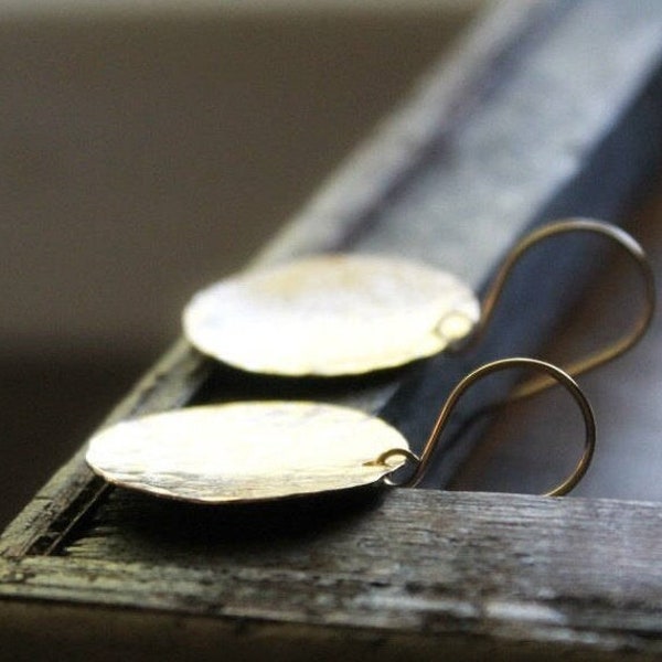 Circle disk Earrings, Hammered Disk Earrings, Large Dangle, Gold Filled Hammered, Big Gold Circles