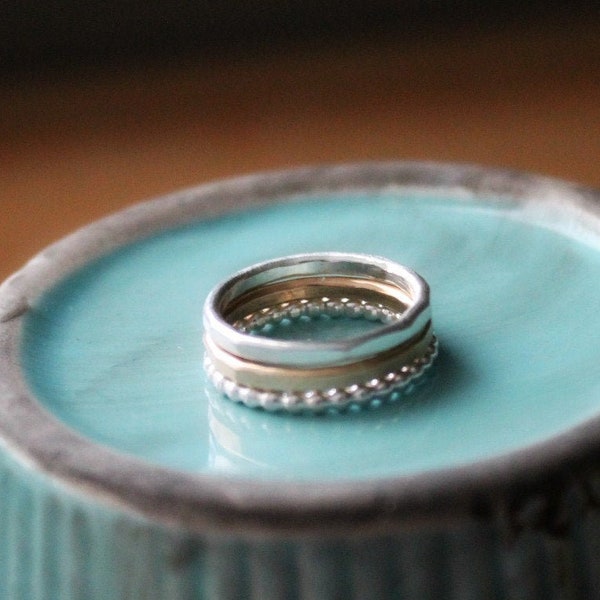 Silver and Gold Stacking Ring Set - Hammered and Beaded Dot Band Mixed Metal Set of 3 Rings