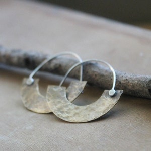 Brass Crescent Hoops, Silver and Brass Earrings, Wide Hoops, Hammered Brass Hoops, Metalwork Jewelry, Tribal Hoop Earrings, Hoops Brass image 5