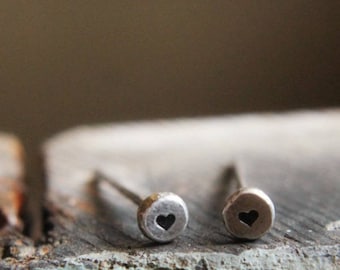 Silver Heart Studs, Tiny Silver Studs, Recycled Silver Studs, Love Heart Earrings, Heart Stud Earrings, Metalwork Jewelry, Gift for Her