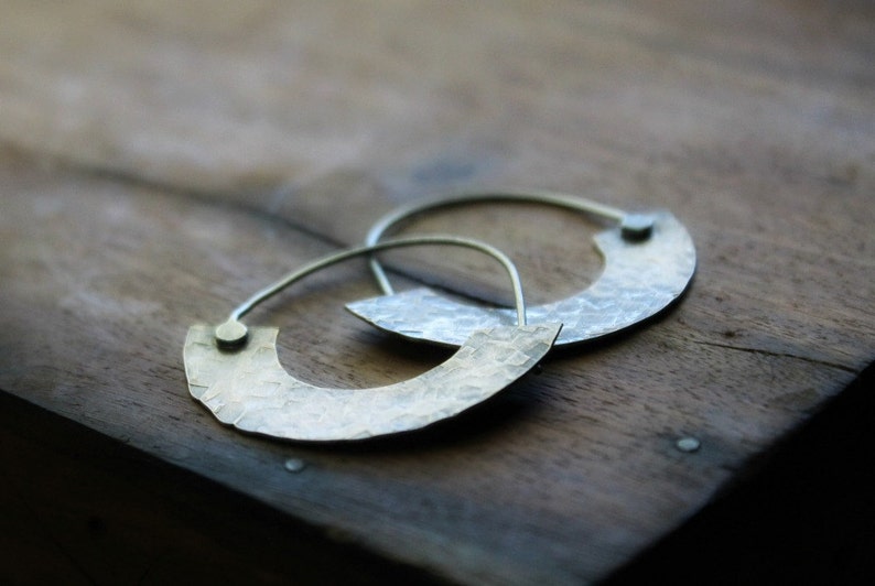 Brass Crescent Hoops, Silver and Brass Earrings, Wide Hoops, Hammered Brass Hoops, Metalwork Jewelry, Tribal Hoop Earrings, Hoops Brass image 3