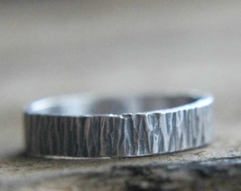 Silver Bark Ring, Tree Bark Ring, 4mm band silver, silver stack ring, rustic wedding band