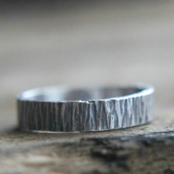Silver Bark Ring, Tree Bark Ring, 4mm band silver, silver stack ring, rustic wedding band