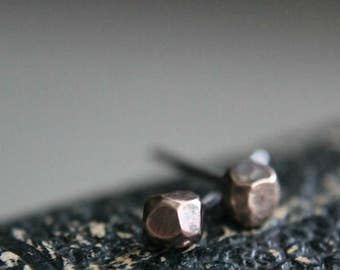 Bronze Stud Earrings, Bronze and Sterling Silver, Tiny Stud Earrings, Dainty Metalwork Earrings, Faceted Metal, Gift for Her