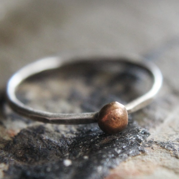 Silver and Bronze Stack Ring, Bronze Ball stacking Ring, Rustic Stacking Ring, Metalwork Jewelry, Hammered Silver Ring, Thin Silver Ring