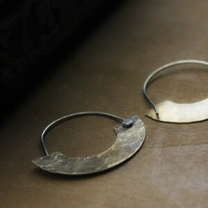 Brass Crescent Hoops, Silver and Brass Earrings, Wide Hoops, Hammered Brass Hoops, Metalwork Jewelry, Tribal Hoop Earrings, Hoops Brass image 4