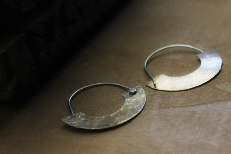 Brass Crescent Hoops, Silver and Brass Earrings, Wide Hoops, Hammered Brass Hoops, Metalwork Jewelry, Tribal Hoop Earrings, Hoops Brass image 4