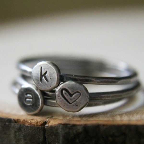 Silver Initial Ring, Letter Stacking Ring, Pebble Initial Ring, Recycled Silver Initial, Personalized Silver Ring, Hand Stamped Ring