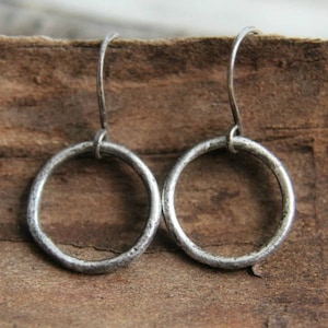 Silver Circles Earrings, Primitive Silver Hoops, Rustic Silver Jewelry, Textured Silver Earrings, Small Circles Dangle Earrings