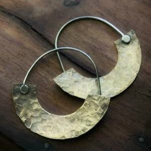 Brass Crescent Hoops, Silver and Brass Earrings, Wide Hoops, Hammered Brass Hoops, Metalwork Jewelry, Tribal Hoop Earrings, Hoops Brass image 1