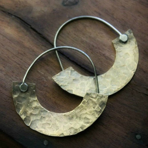 Brass Crescent Hoops, Silver and Brass Earrings, Wide Hoops, Hammered Brass Hoops, Metalwork Jewelry, Tribal Hoop Earrings, Hoops Brass