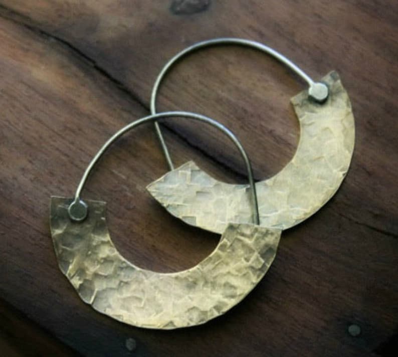 Brass Crescent Hoops, Silver and Brass Earrings, Wide Hoops, Hammered Brass Hoops, Metalwork Jewelry, Tribal Hoop Earrings, Hoops Brass image 1