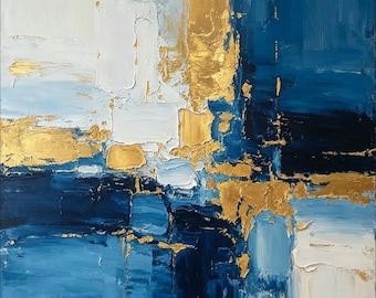 Pintura abstracta, arte moderno texturizado, decoración de lujo original, arte único con pan de oro.