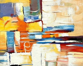 Obra de arte abstracta en tonos naranja y azul, pintura moderna con textura, arte para la pared de la sala de estar, abstracto geométrico vibrante.