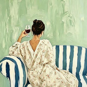 LadyStriped Sofa Woman with Red Wine Art Cozy Wine Time Portrait Green Background painting