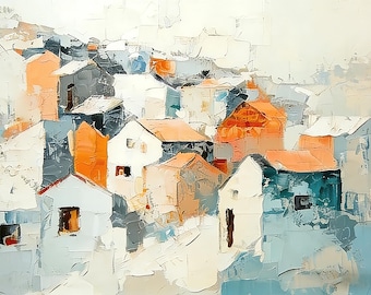 Cuadro mural de paisaje urbano vibrante, pintura al óleo de pueblo en tonos pastel, obra de arte de paisaje urbano en tonos suaves